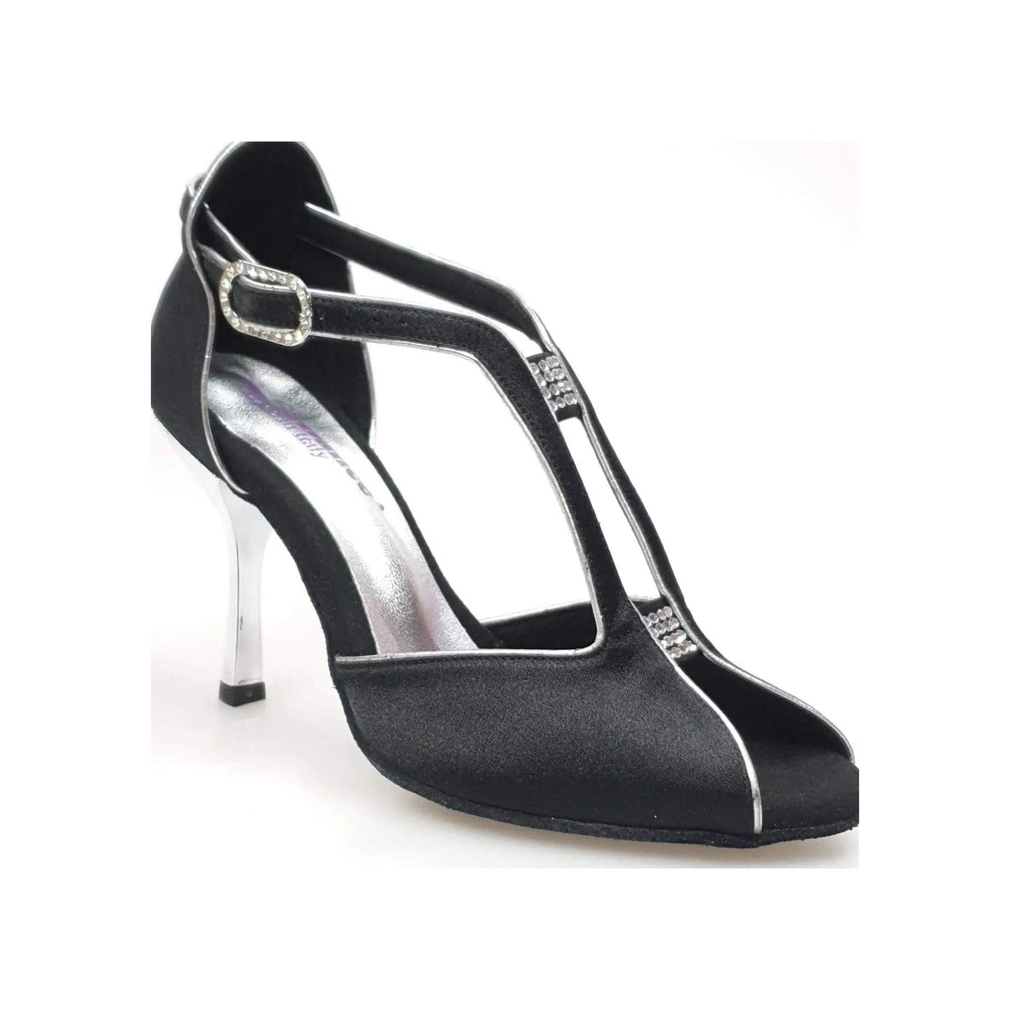 Scarpa da donna Wishdance ELIDE (401) in raso nero con profili argentati e tacco a stiletto laminato argento.