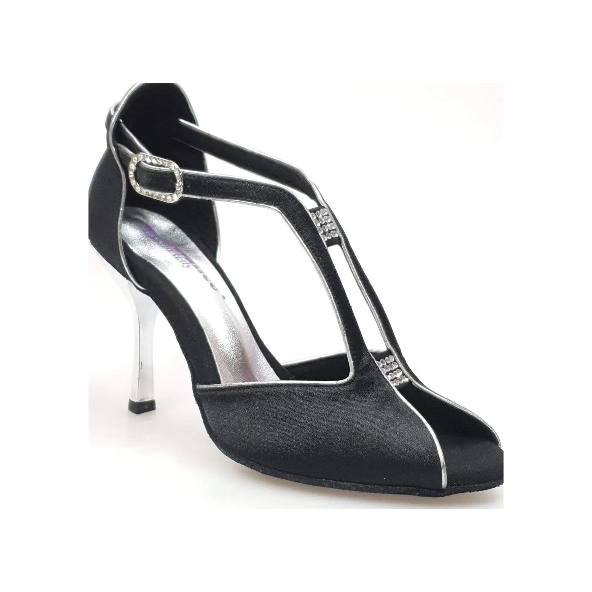 Scarpa da donna Wishdance ELIDE (401) in raso nero con profili argentati e tacco a stiletto laminato argento.