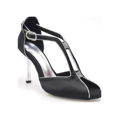 Scarpa da donna Wishdance ELIDE (401) in raso nero con profili argentati e tacco a stiletto laminato argento.
