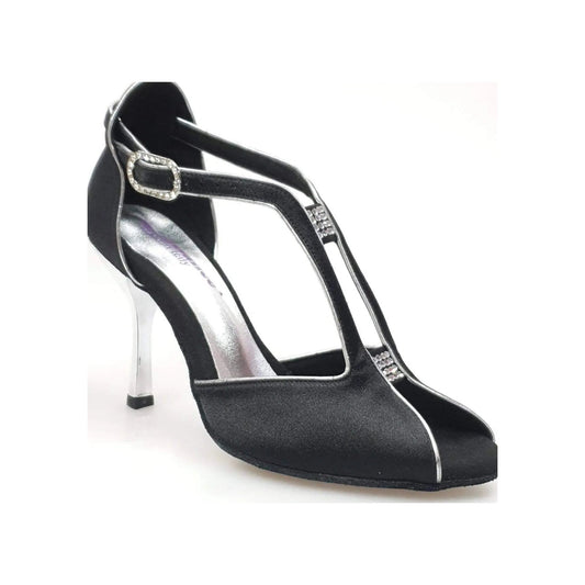 Scarpa da donna Wishdance ELIDE (401) in raso nero con profili argentati e tacco a stiletto laminato argento.