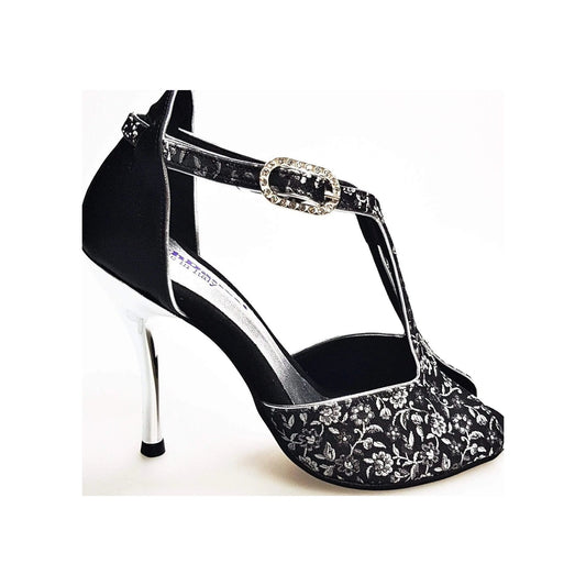 Scarpa da donna Wishdance Fascino (401) in tessuto veneziano fiorato silver e lurex nero, con dettagli eleganti.