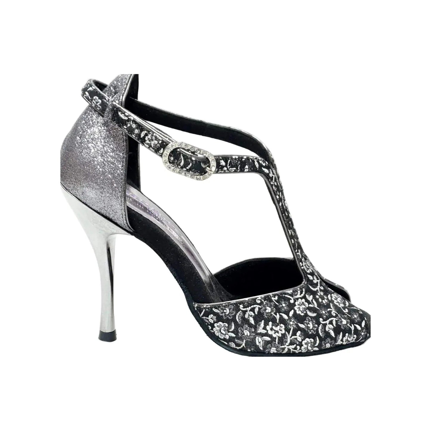 Scarpa da donna Wishdance Fascino (401) in tessuto veneziano fiorato silver con tallone in glitter, elegante e brillante.