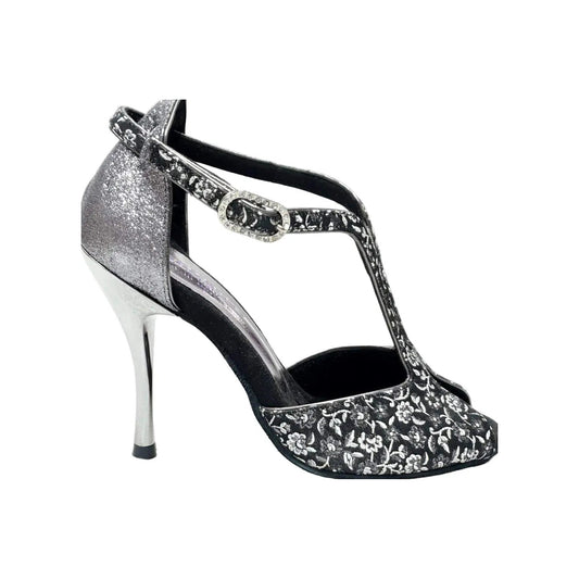 Scarpa da donna Wishdance Fascino (401) in tessuto veneziano fiorato silver con tallone in glitter, elegante e brillante.