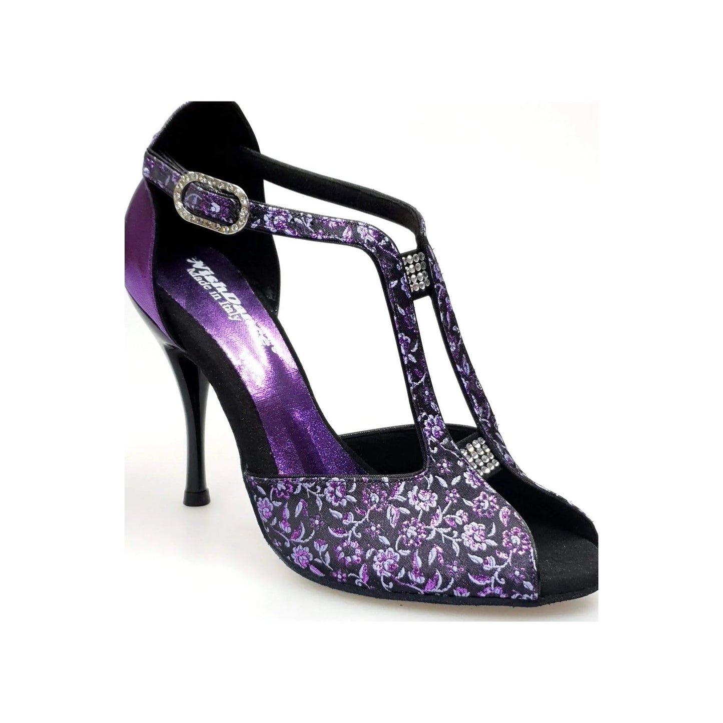 Scarpa da donna Wishdance Fascino (401) in tessuto fiorato viola con dettagli in lurex viola, tallone in lurex brillante.