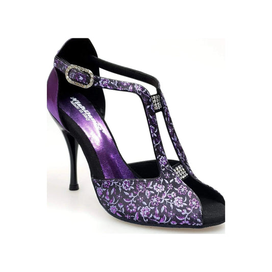 Scarpa da donna Wishdance Fascino (401) in tessuto fiorato viola con dettagli in lurex viola, tallone in lurex brillante.