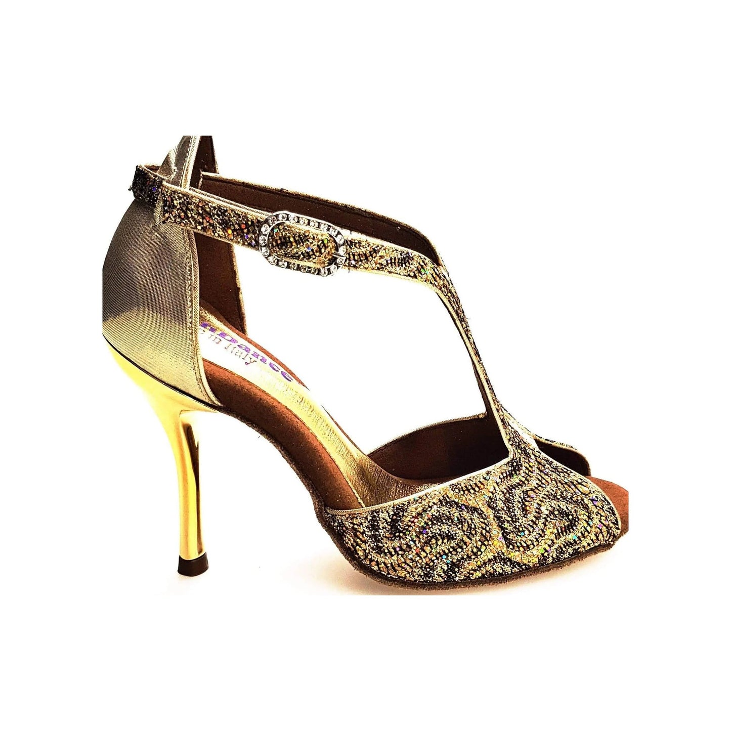 Scarpa da donna Wishdance Fascino (401) in tessuto lace e lurex oro, con dettagli eleganti e finitura brillante.