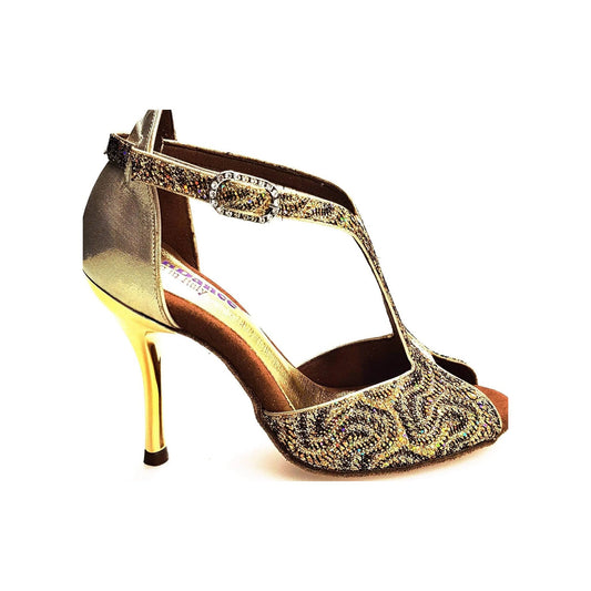 Scarpa da donna Wishdance Fascino (401) in tessuto lace e lurex oro, con dettagli eleganti e finitura brillante.