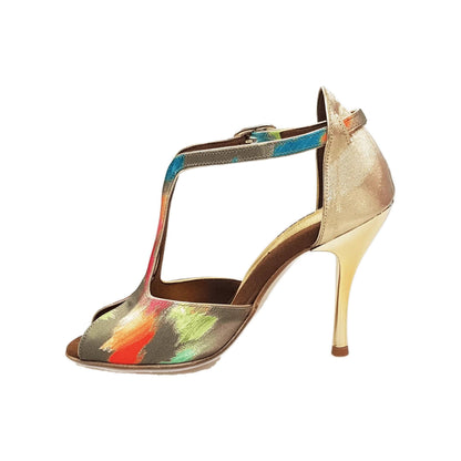 Scarpa da donna Wishdance Fascino (401) in tessuto Picasso verde con tacco a spillo laminato oro e dettaglio in lurex oro