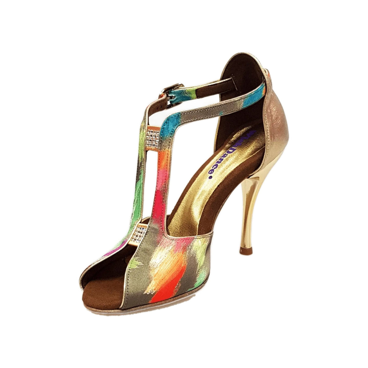 Scarpa da donna Wishdance Fascino (401) in tessuto verde con tacco a spillo laminato oro e dettaglio lurex oro.