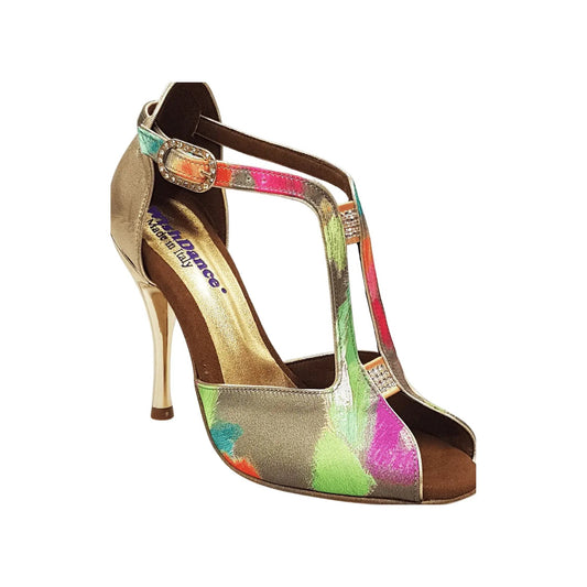 Scarpa da donna Wishdance Fascino (401) in tessuto verde Picasso con tacco a spillo in lurex oro e dettagli laminati oro