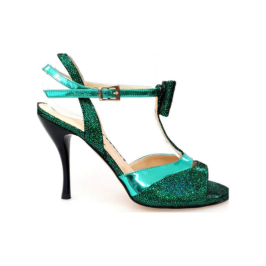 Sandalo donna D'orsay 1587 in pelle laminata verde con fiocco e tacco a spillo smaltato nero, stile elegante e femminile