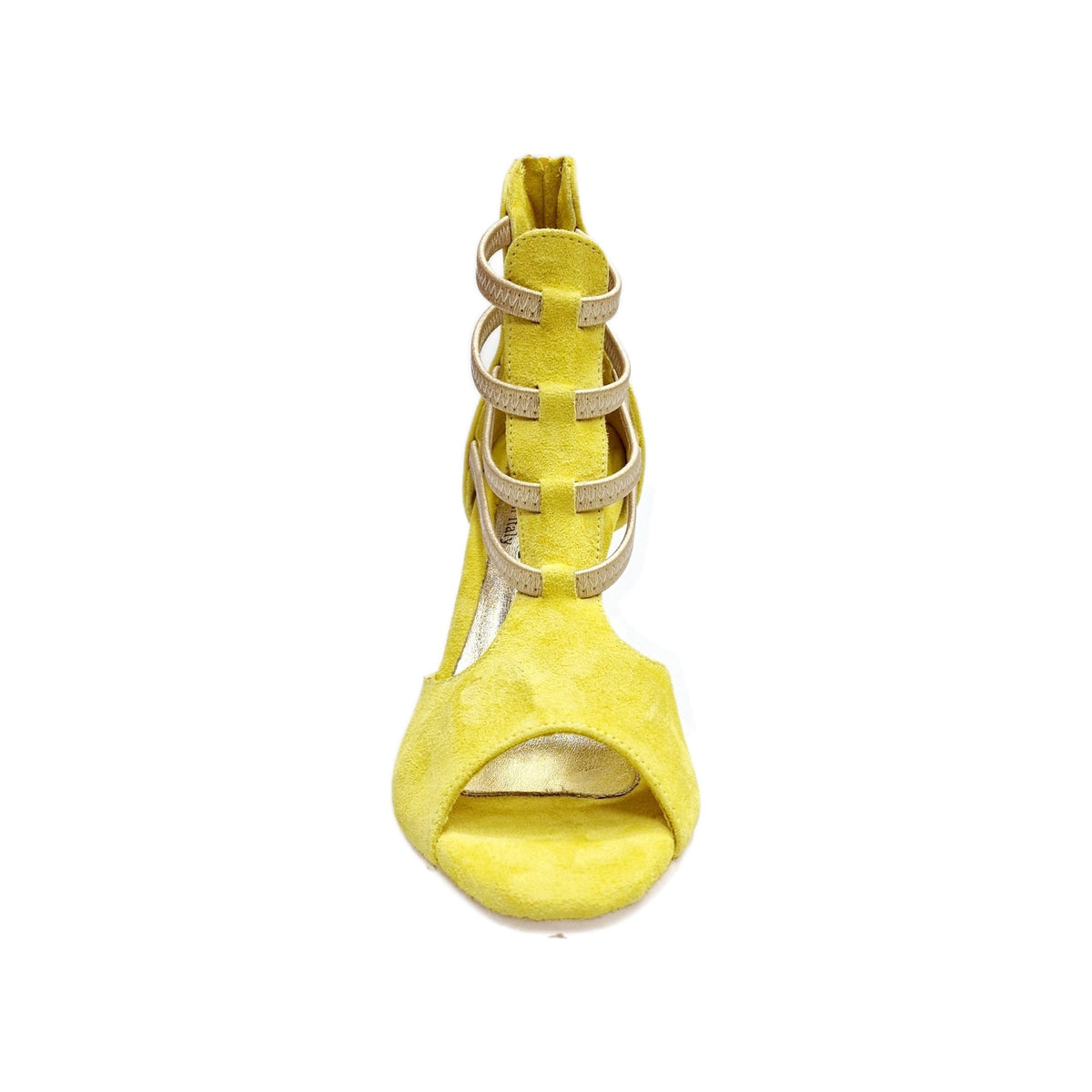Sandalo da donna GIOVANNA Wish Dance Shop in camoscio giallo con zip, elastici oro e tacco a rocchetto slim.