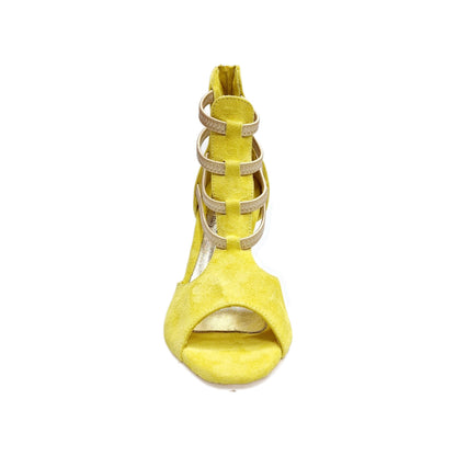 Sandalo da donna GIOVANNA Wish Dance Shop in camoscio giallo con zip, elastici oro e tacco a rocchetto slim.
