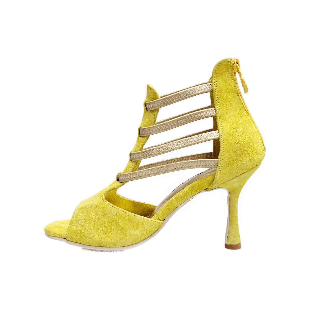 Sandalo da donna Giovana Wish Dance Shop in camoscio giallo con zip, elastici oro e tacco a rocchetto slim.