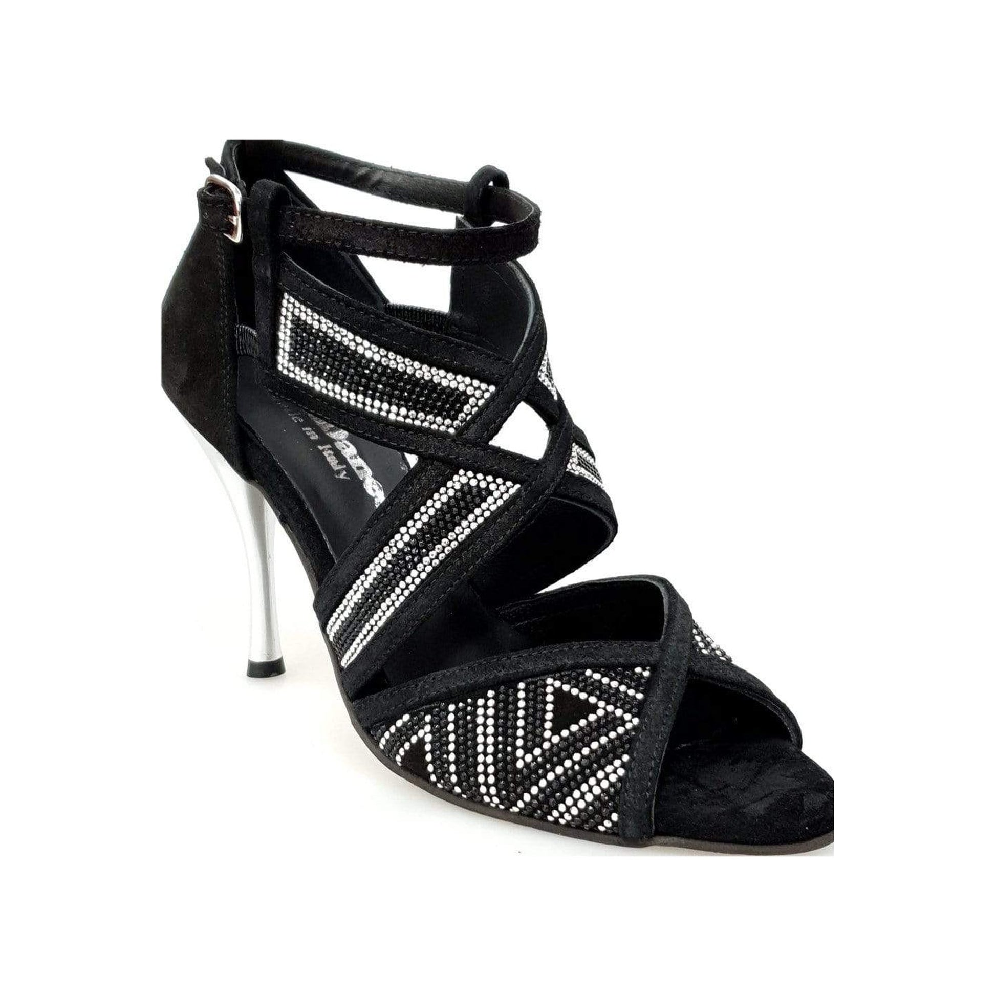 Scarpa da donna JULIJA (Glam) in camoscio nero con miniborchie argento e Swarovski neri, tacco a spillo laminato argento.