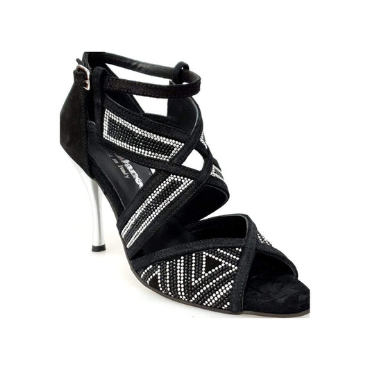 Scarpa da donna JULIJA (Glam) in camoscio nero con miniborchie argento e Swarovski neri, tacco a spillo laminato argento.