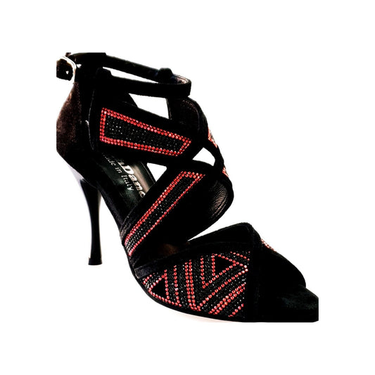 Scarpa da donna in Camoscio Nero e Miniborchie Rosse e Swarovski Neri JULIJA Wish Dance, vista laterale