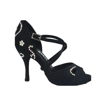 Scarpa donna Gravity SW QC Wish Dance Shop in raso seta nera con Swarovski, cinturino incrociato e dettaglio sul collopiede