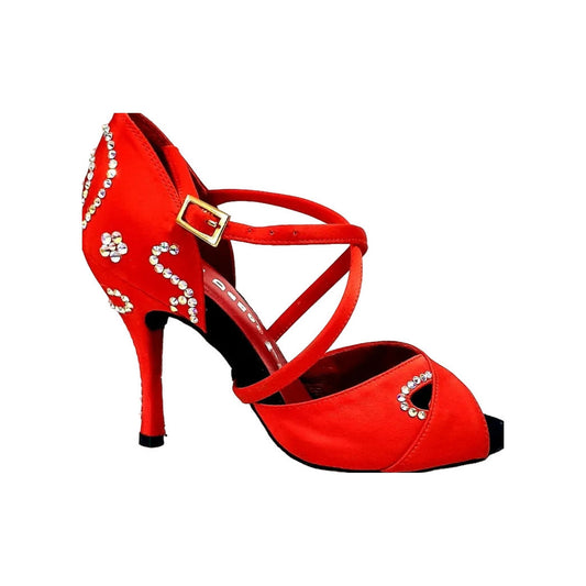 Scarpa donna Gravity SW QC in raso di seta rosso con Swarovski, cinturino incrociato e design elegante sul collopiede.
