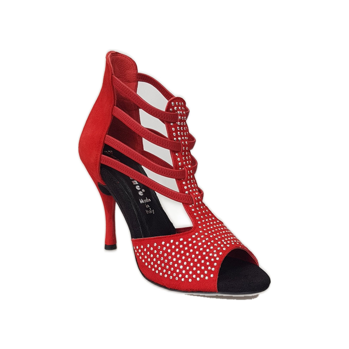 Sandalo donna Hera (460) in camoscio rosso con borchie a specchio e tacco a spillo, marca Wish Dance Shop.