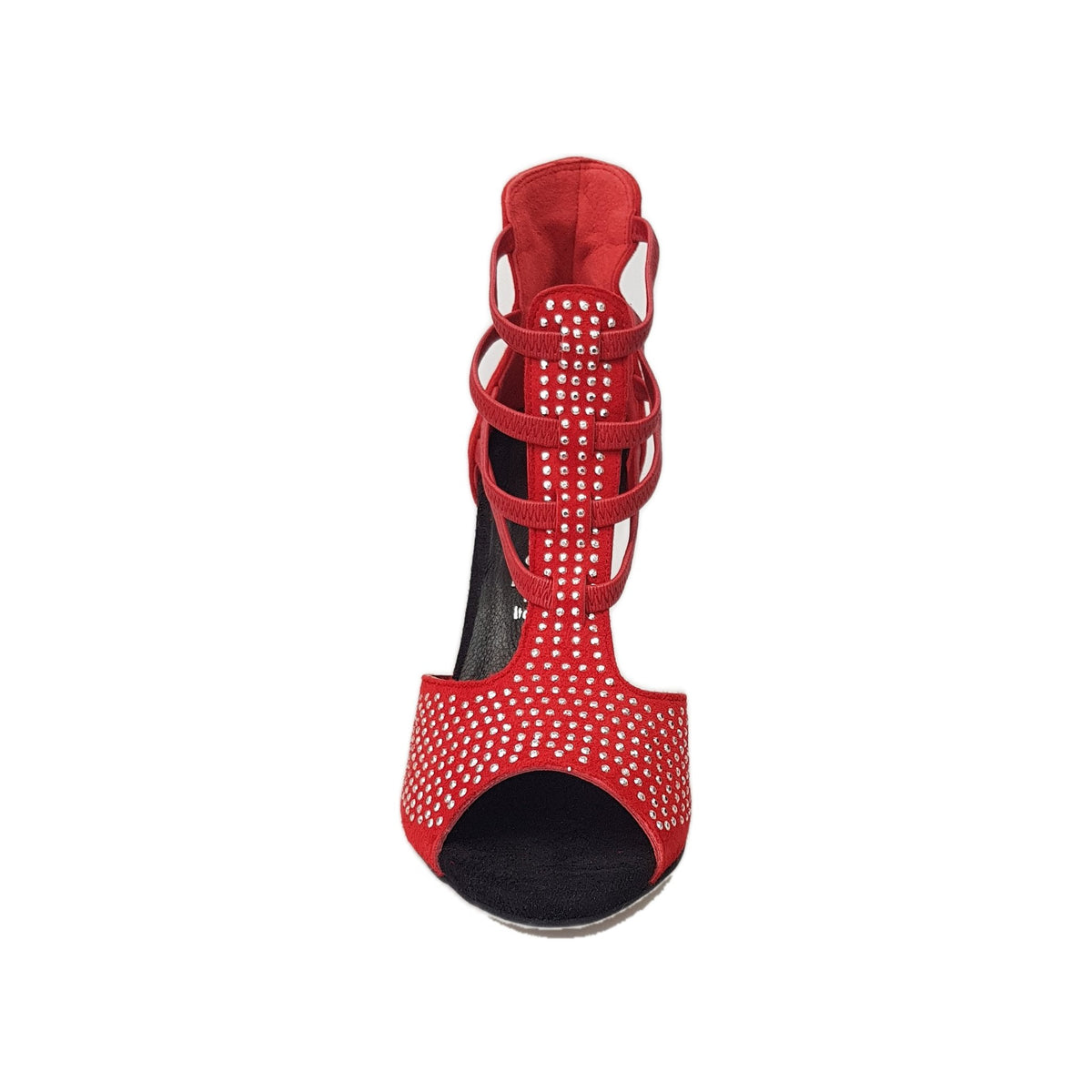Sandalo donna Hera in camoscio rosso con borchie a specchio e tacco a spillo, stile elegante e alla moda.