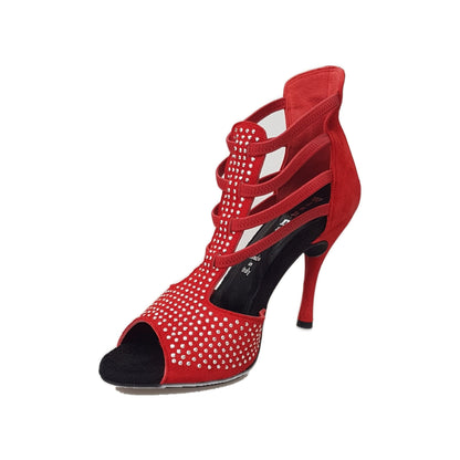 Sandalo da donna Hera in camoscio rosso con borchie a specchio e tacco a spillo, di Wish Dance Shop.