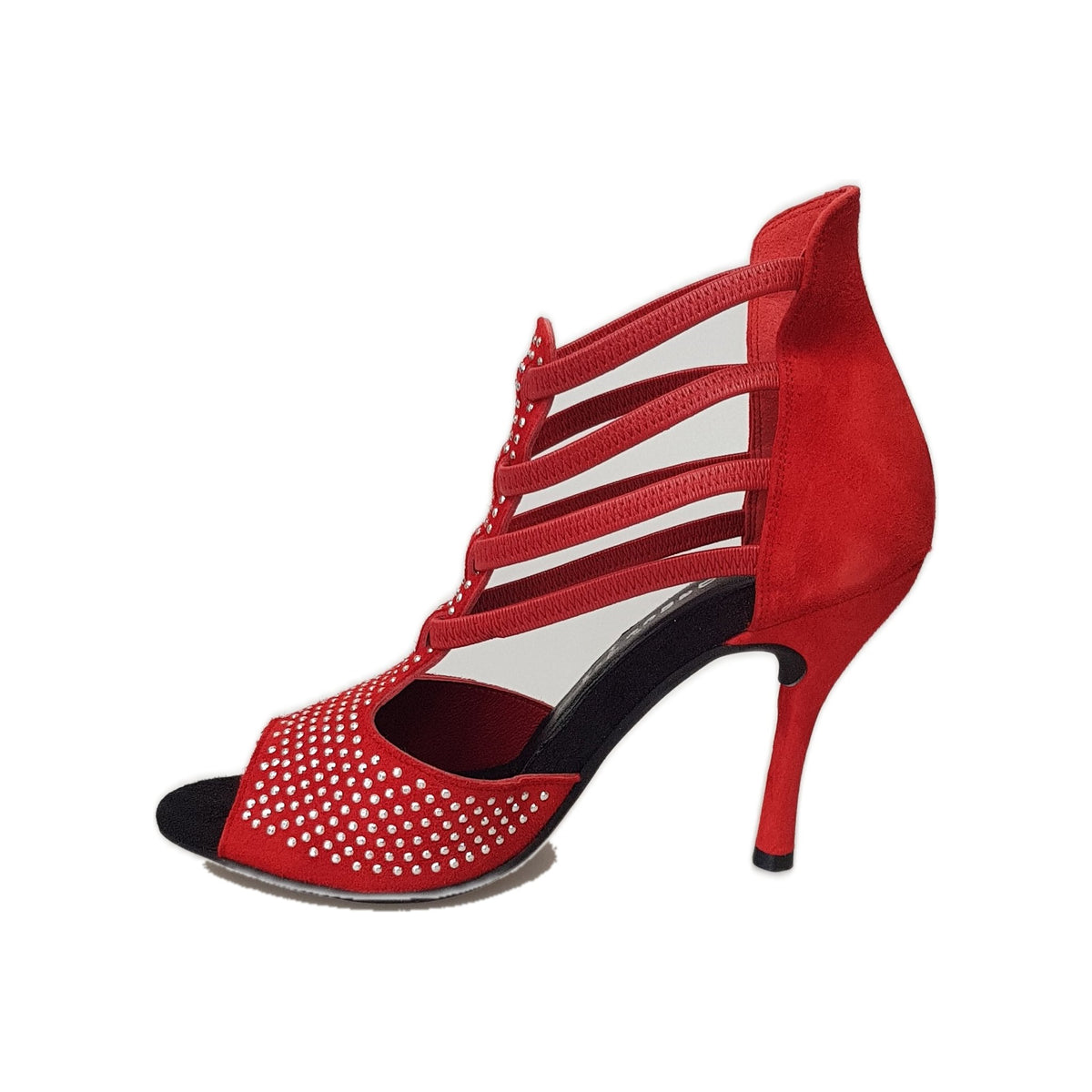 Sandalo donna Hera (460) in camoscio rosso con borchie a specchio e tacco a spillo, dettaglio elegante e alla moda.