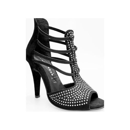 Sandalo donna Hera Black in camoscio nero con borchiette argento, tacco a spillo largo alto, dettaglio elegante e moderno