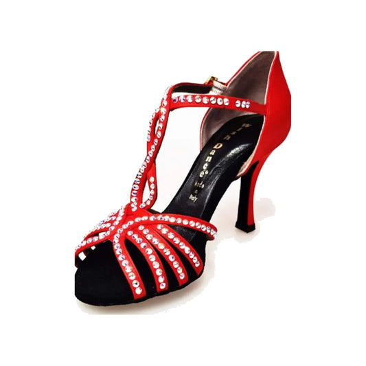 Scarpa da donna Infinity BI-Flex in raso di seta rossa con Swarovski parziali e suola extraflex per competizione.
