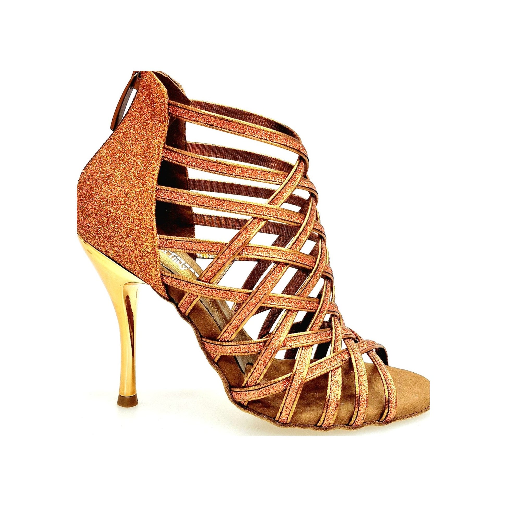 Scarpa da donna Intrigo 780 Wish Dance Shop in glitter bronzo con tacco a spillo laminato oro ramato, davanti.