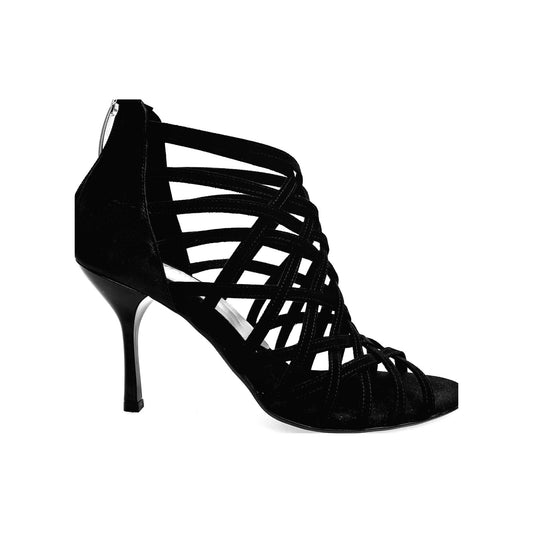 Scarpa da donna Wish Dance Shop Intrigo 780 in camoscio nero, tacco a stiletto smaltato nero con tallone in lurex nero.