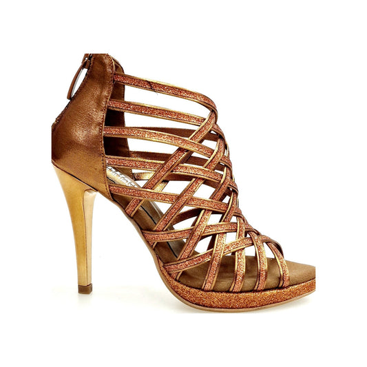 Scarpa da donna Intrigo 780PLT in glitter bronzo con tacco alto a spillo e plateau laminato oro ramato.