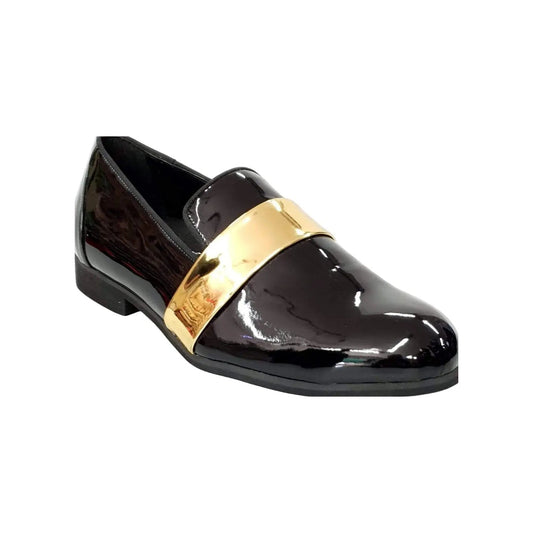 Mocassino uomo in pelle nera lucida con fascia oro, scarpa elegante in stile moccasino di Wish Dance Shop