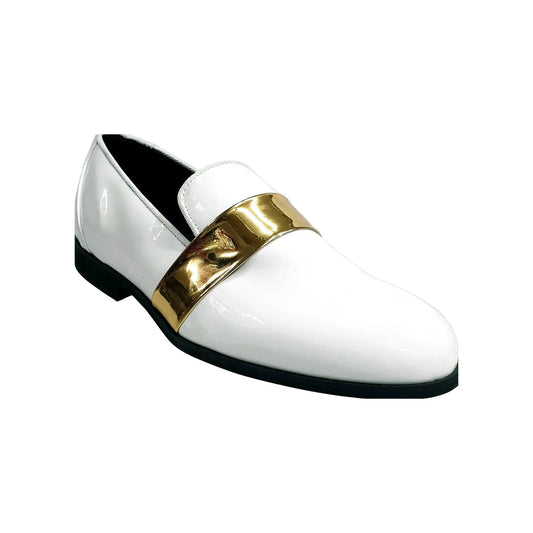 Mocassino in Vernice Bianca Wish Dance, oro, vista frontale