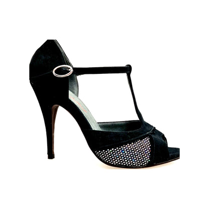 Scarpa in Camoscio Nero e Rachele Boreale Multicolor Tacco a Spillo Sottile JANIS F.626 Wish Dance, vista laterale