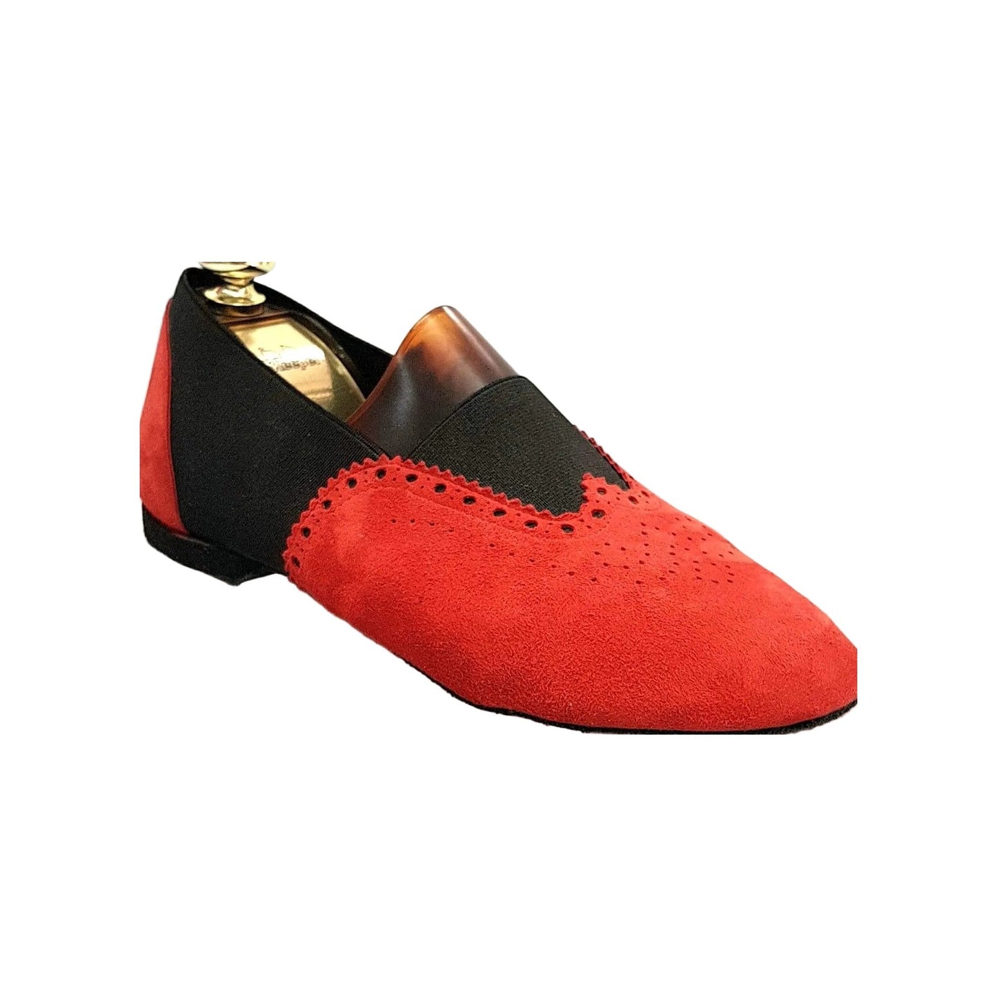 Scarpe jazz Roly Jazz 06 in camoscio rosso con elastico nero e suola bufalo, design confortevole e flessibile.