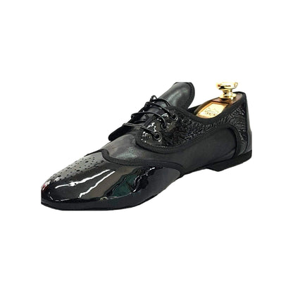 Scarpa jazz Gran Galà (Jazz 07) di Wish Dance Shop in pelle nera e vernice nera, con dettagli eleganti e suola resistente.