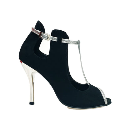 Scarpa in camoscio nero Jenny con dettagli e cinturini in glitter argento, stile elegante e alla moda, Wish Dance Shop