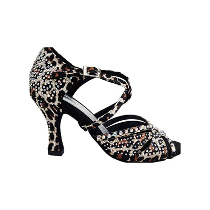 Scarpa da ballo SAMIRA (L19) Wish Dance Shop in raso seta laserato con stampa leopardo bianco, Swarovski e tacco a rocchetto