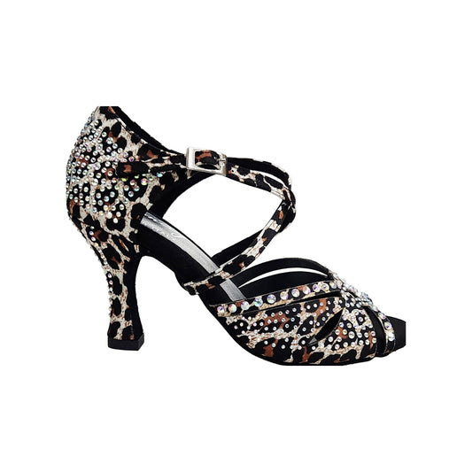 Scarpa da ballo SAMIRA (L19) Wish Dance Shop in raso seta laserato con stampa leopardo bianco, Swarovski e tacco a rocchetto