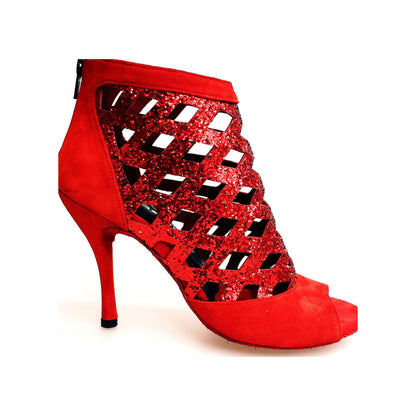 Sandalo da donna Letizia in camoscio rosso con dettagli in cristallo rosso, tacco tronchetto, Wish Dance Shop