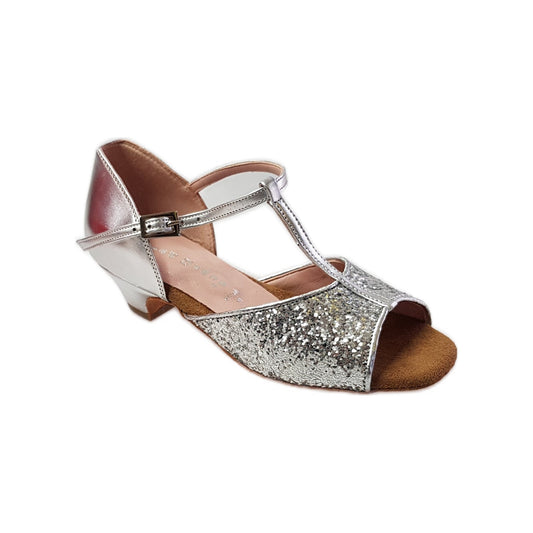Scarpa da bambina Wishdance Linda in glitter argento con tallone e tacco in pelle argento, design elegante e brillante.