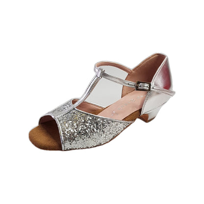 Scarpa da bambina Wishdance Linda in glitter argento con tallone e tacco in pelle argento, modello semplice e elegante