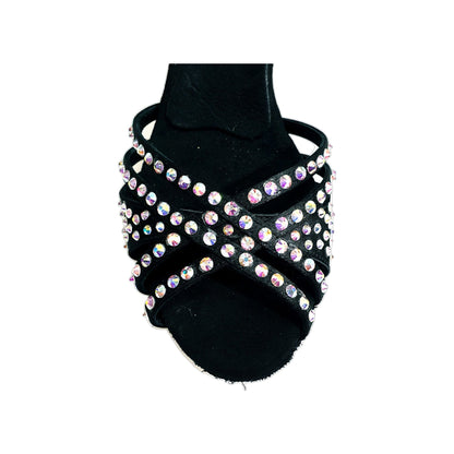 Scarpa da Ballo da Donna in Raso Seta Nero cinturino incrociato alla caviglia e Swarovski Boreali totale, dettaglio suola