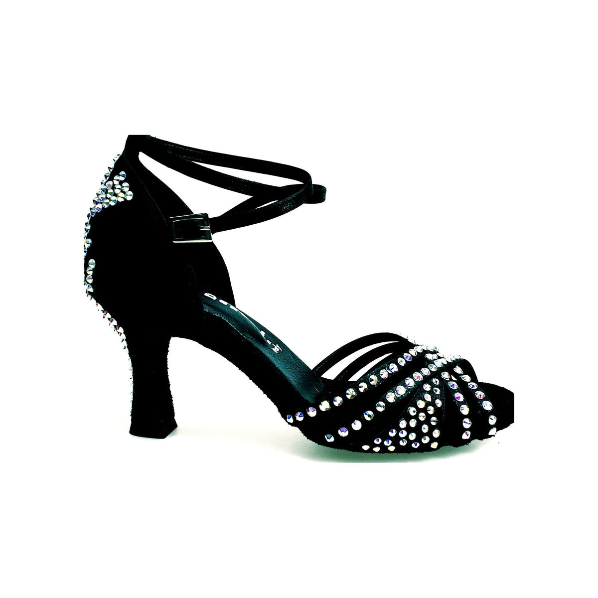 Scarpa da donna Wish Dance Shop Soledàd QB Plus in raso di seta nera con cinturino incrociato e dettagli Swarovski Boreali.