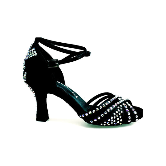 Scarpa da donna Wish Dance Shop Soledàd QB Plus in raso di seta nera con cinturino incrociato e dettagli Swarovski Boreali.