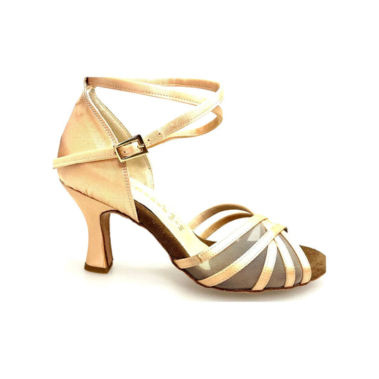 Scarpa basic donna Lorena QB Wish Dance Shop in raso seta carne con retina, cinturino doppio e tacco a rocchetto.