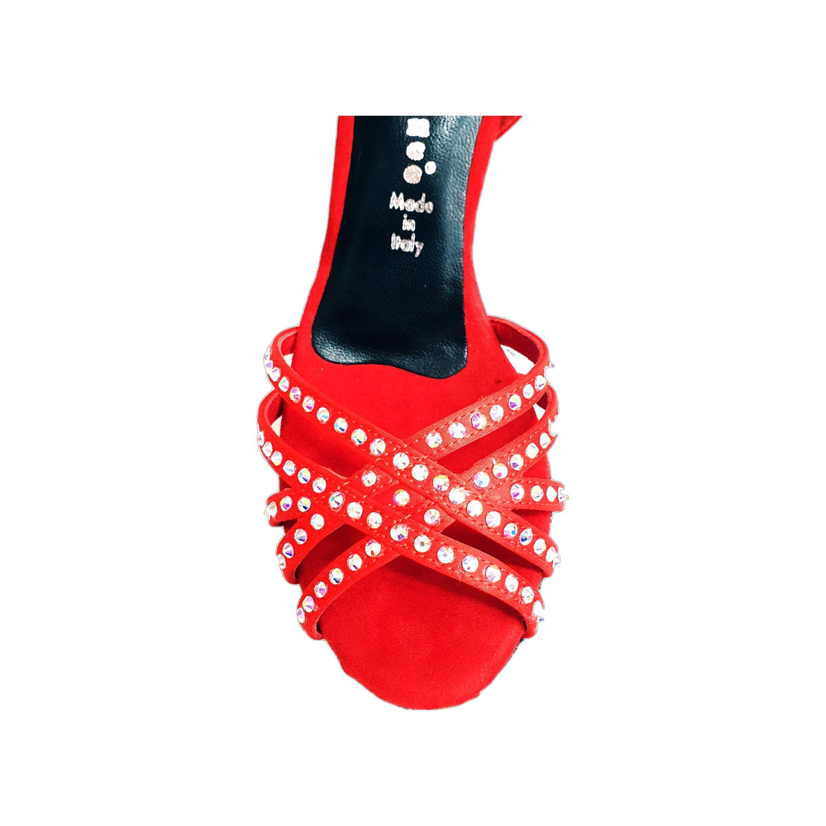 Scarpa da donna LUENIA QB Plus in raso seta rossa con cinturino incrociato, Swarovski, tacco a rocchetto, design fantasy.