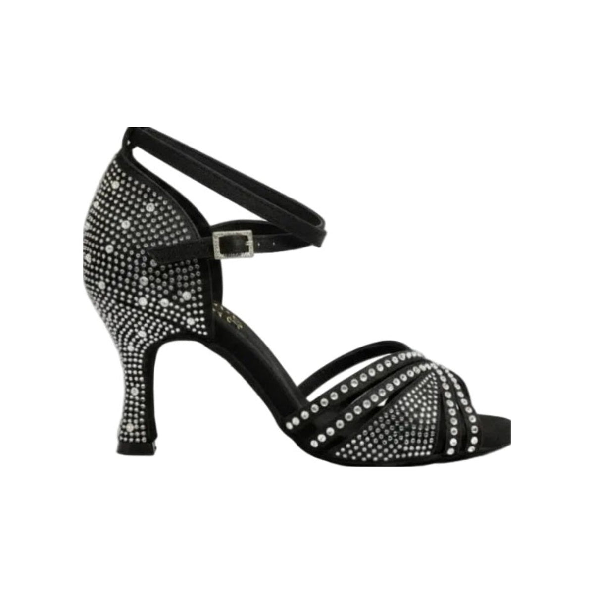 Scarpa da ballo donna LULY Dreams Black in raso nero con cinturino incrociato, strass boreali e tacco a rocchetto.