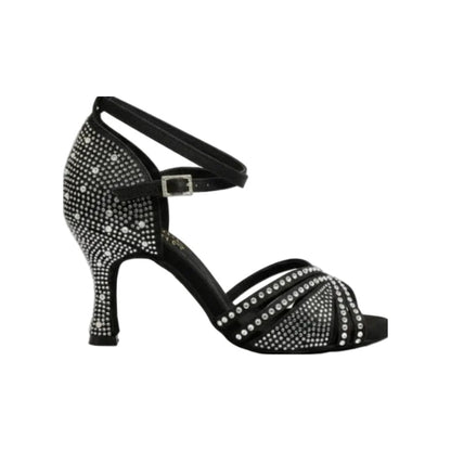 Scarpa da ballo donna LULY Dreams Black in raso nero con cinturino incrociato, strass boreali e tacco a rocchetto.